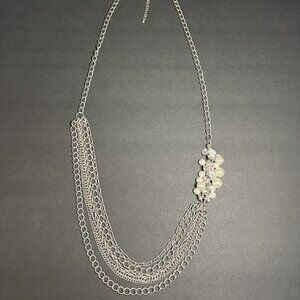 Premier Designs Silver Plate Faux Pearl Splash Cluster Multi Layer Necklace 36"